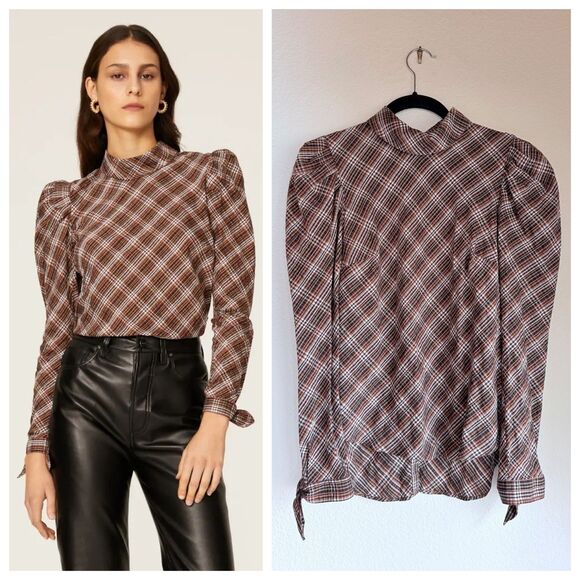 Veronica Beard Tops - NWOT Veronica Beard Isabel Plaid Button Back Tie Cuff Blouse in Brown Size 2
